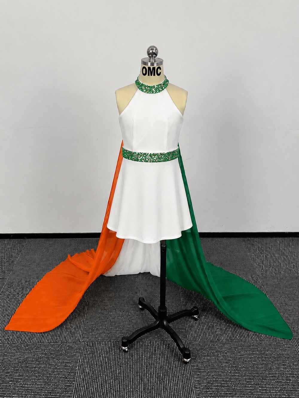 White with Green Embellished OOC pageant runway with Irish flag cape